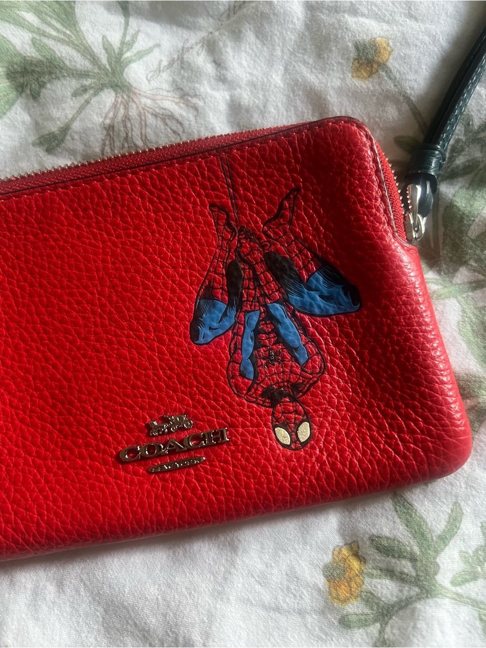 COACH Red Pebbled Leather Spider-Man Wristlet